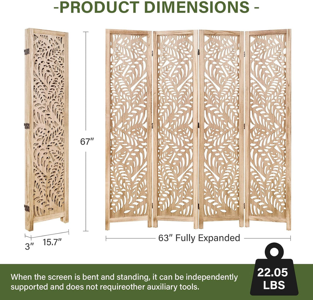 Leaf-Carved Room Divider Privacy Screen - 67 Inch Tall Foading Decorative Wood Screen Dividers Panel for Home - Natural Wood Room Partitions for Enhanced Privacy and Style Natural 4 Paned