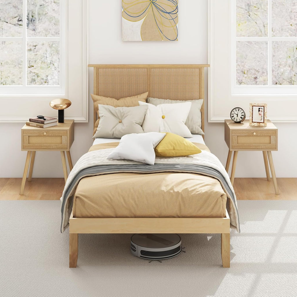 Giantex Rattan Twin Bed Frame with Headboard, Boho Solid Wood Platform Bed with Wooden Foundation & Slats, Underneath Storage Space, Twin Bed Frames for Kids Adults, No Box Spring Needed, Natural
