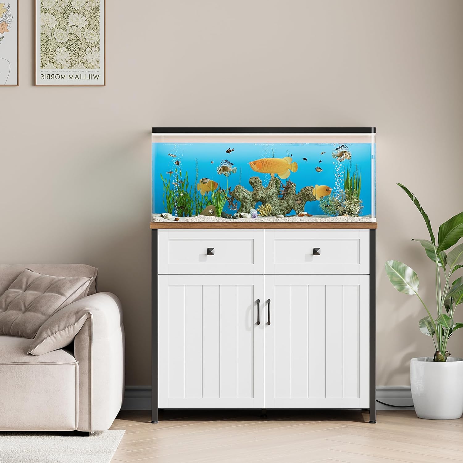Pipleo 40-50 Gallon Aquarium Stand with Power Outlets, Cabinet for Fish Tank Accessories Storage, Heavy Duty Metal Fish Tank Stand Suitable for Turtle Tank, Reptile Terrarium, 660LBS Capacity, White