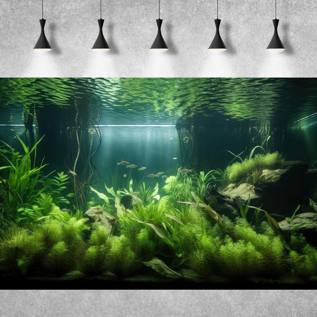 Underwater Aquarium Background Lush Green Aquatic Plants with Sunbeams Fish Tank Background Underwater Rooted Species Stone with Moss Tropical Fish Terrarium Background Vinyl 24x16in