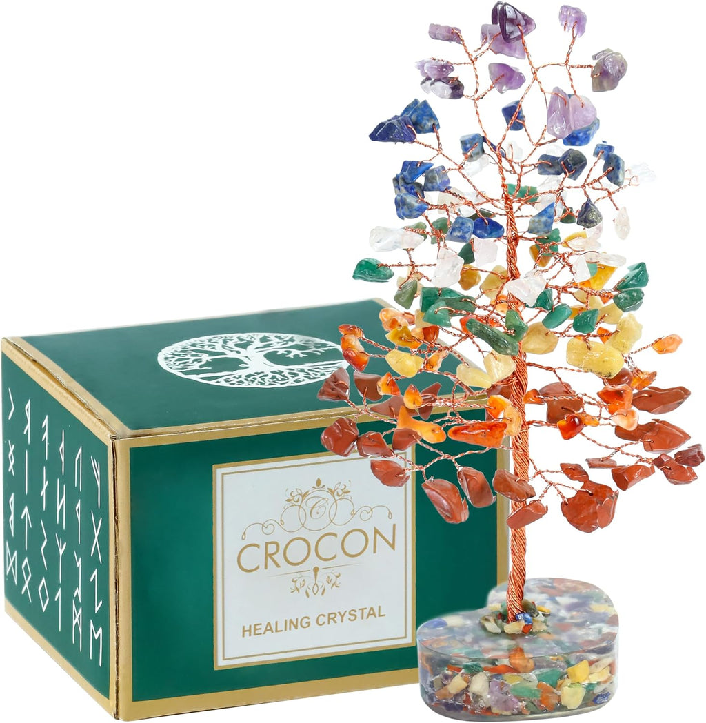 Crocon Crystals Heart Shape Base Tree 7 Chakra Healing Stones Reiki Crystals Spiritual Positive Energy Home Room Office Desk Decor Pink Gifts for Women Men & Mom Birthday Presents Unique