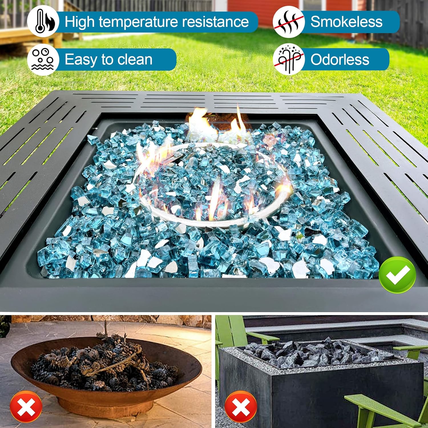 GasSaf 1/2 Inch Fire Glass Reflective Tempered Fireglass Cut Crushed FireGlass for Fire Pit, Fireplace, Replaces Existing Gas Logs & Lava Rocks (10 Pound)(Caribbean Blue Reflective).