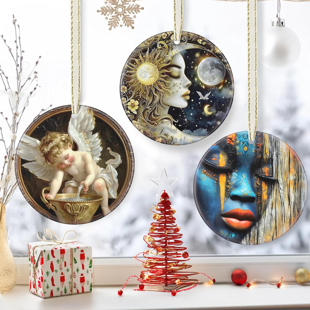 3.5" Ceramic Christmas Ornaments, Christmas Tree Ornaments, Heirloom Keepsake, Gift Exchange, Gift Idea, Bauble Present - Sun and Moon