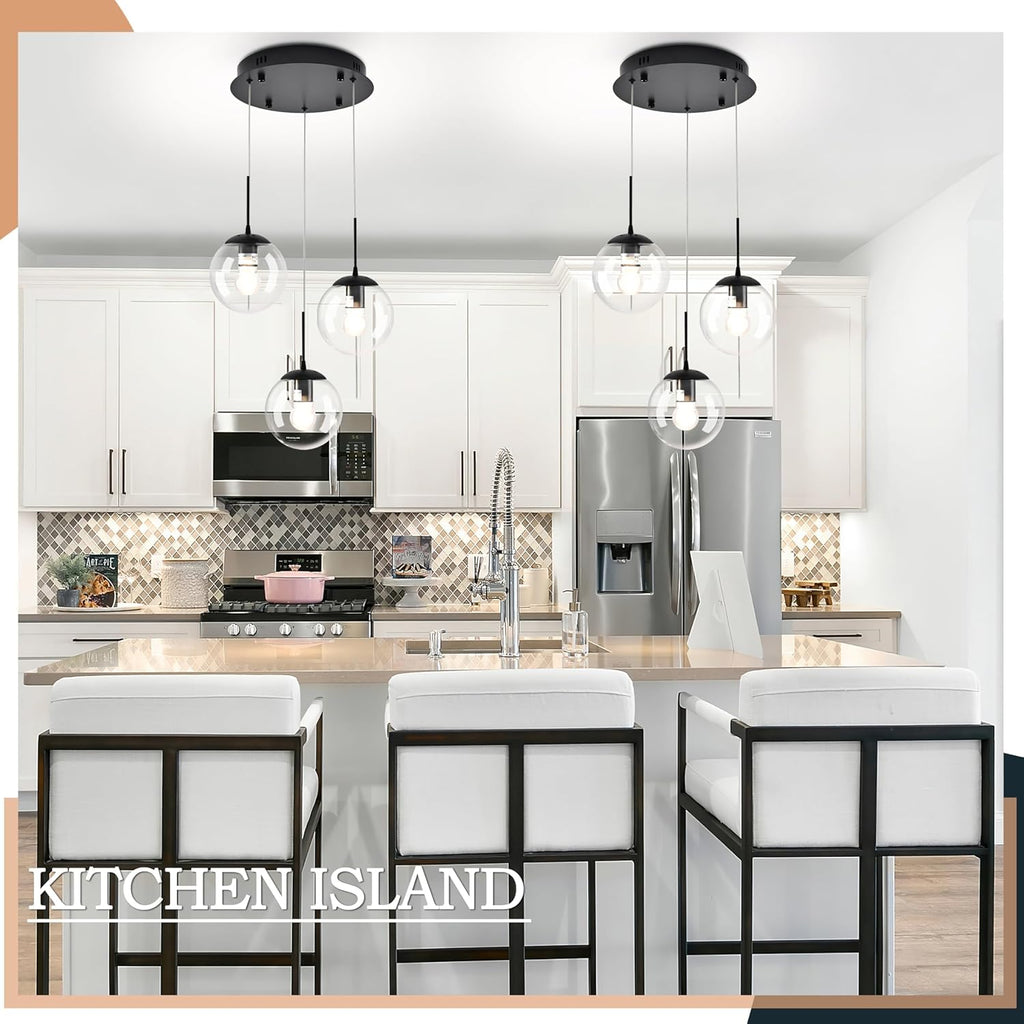 KoKo&Yukina 3-Light Globe Glass Pendant Light Modern Black Clear Globe Glass Chandelier Adjustable Length Pendant Lights Fixtures High Ceiling Light for Kitchen Island Foyer (Bulb & Remote Incl.)