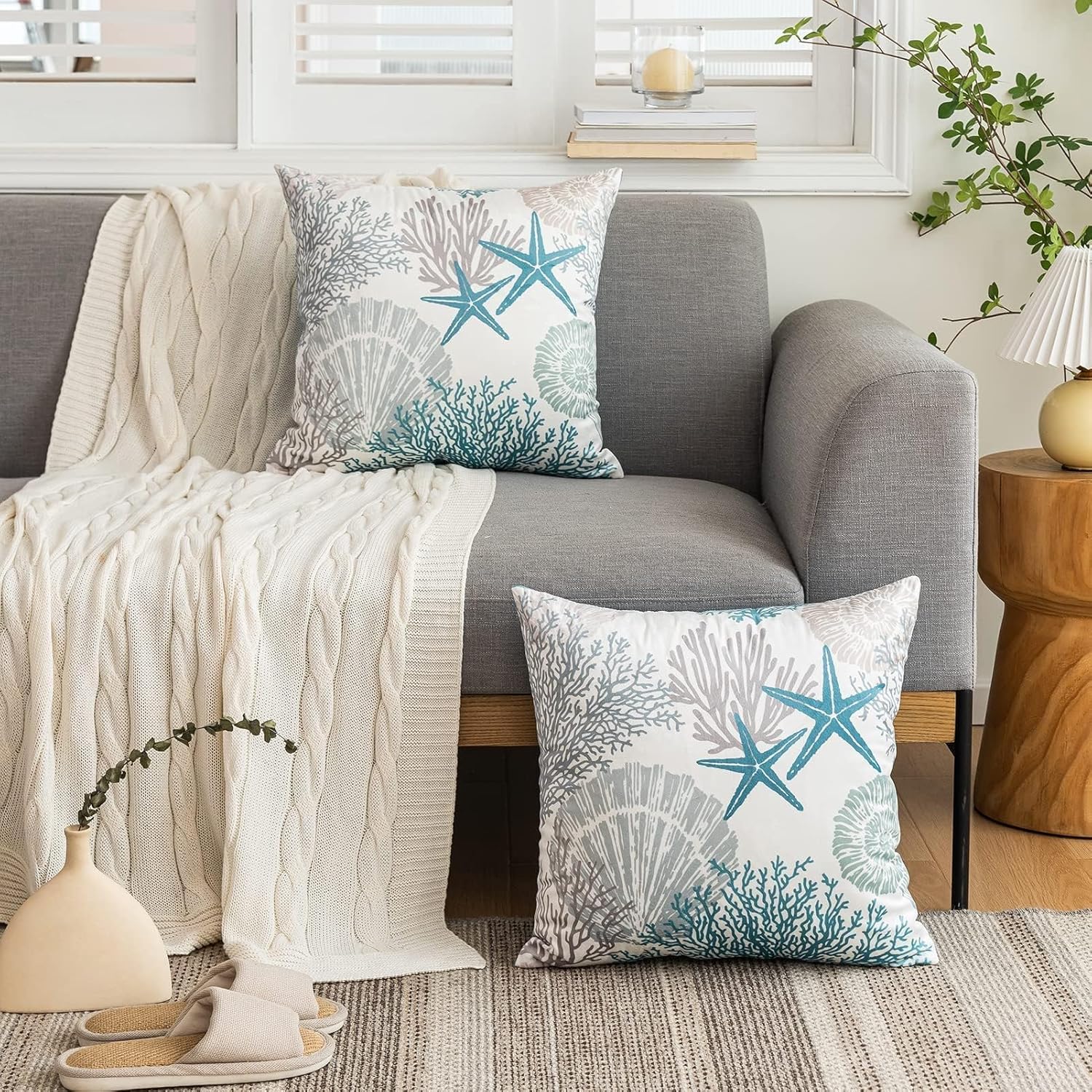 Tritard Nautical Coastal Throw Pillow Covers 16x16 Set of 2 Beach Themed Ocean Seashell Coral Starfish Velvet Couch Decorative Pillow Cases Outdoor Sofa Cushion Cover for Bedroom Living Room, Blue