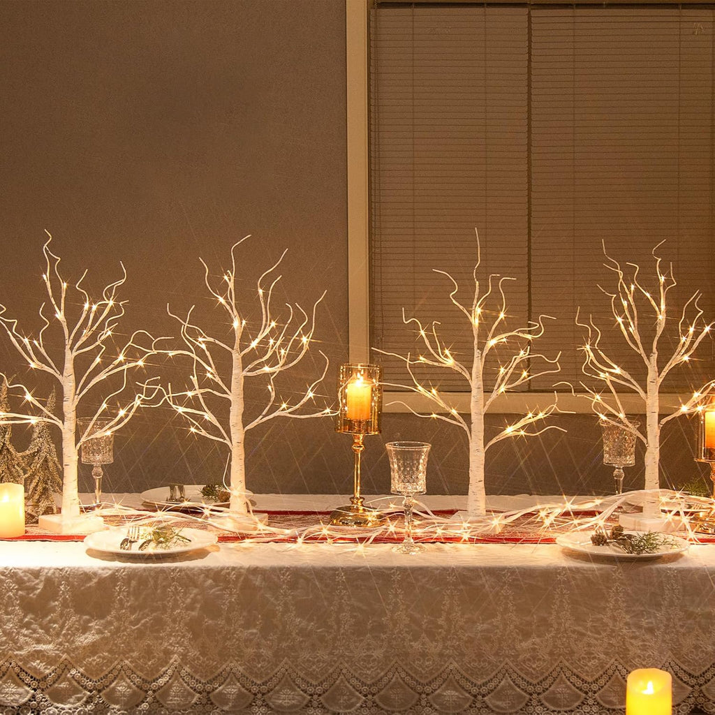 Vanthylit Christmas Tree Decorations, White Birch Tree with LED Lights- Set of 4, Warm White Small Tree Lights Battery Powered/USB, Timer Lighted Tree for Home Wedding Indoor Outdoor Decor (2 FT)