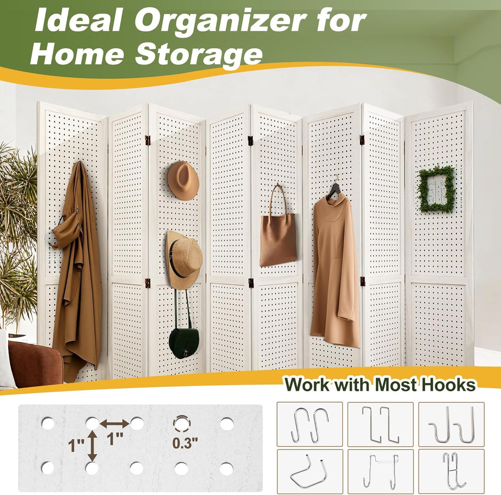 NicBex Room Divider 8 Panel Pegboard Display 5.6FT Wood PegBoard Room Dividers, Folding Privacy Screens Portable Display Board Wall Divider for Craft/Art Shows, Room Separation, White