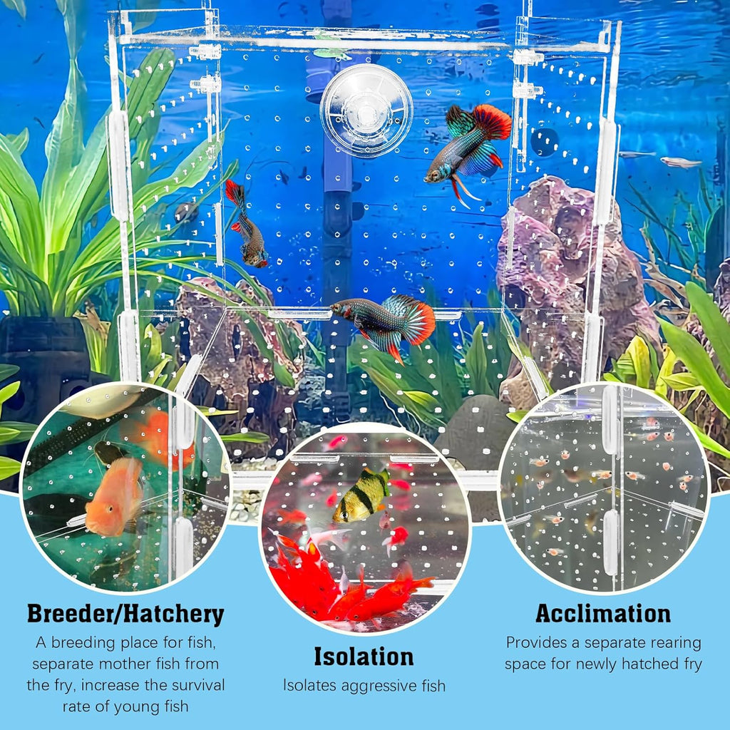 Hamiledyi Acrylic Breeding Isolation Box - Transparent Aquarium Hatchery for Guppy/Shrimp/Small Fish, Safe Nursery Tank with Air Tube & Suction Cups(5.9" × 5.9" × 5.9")