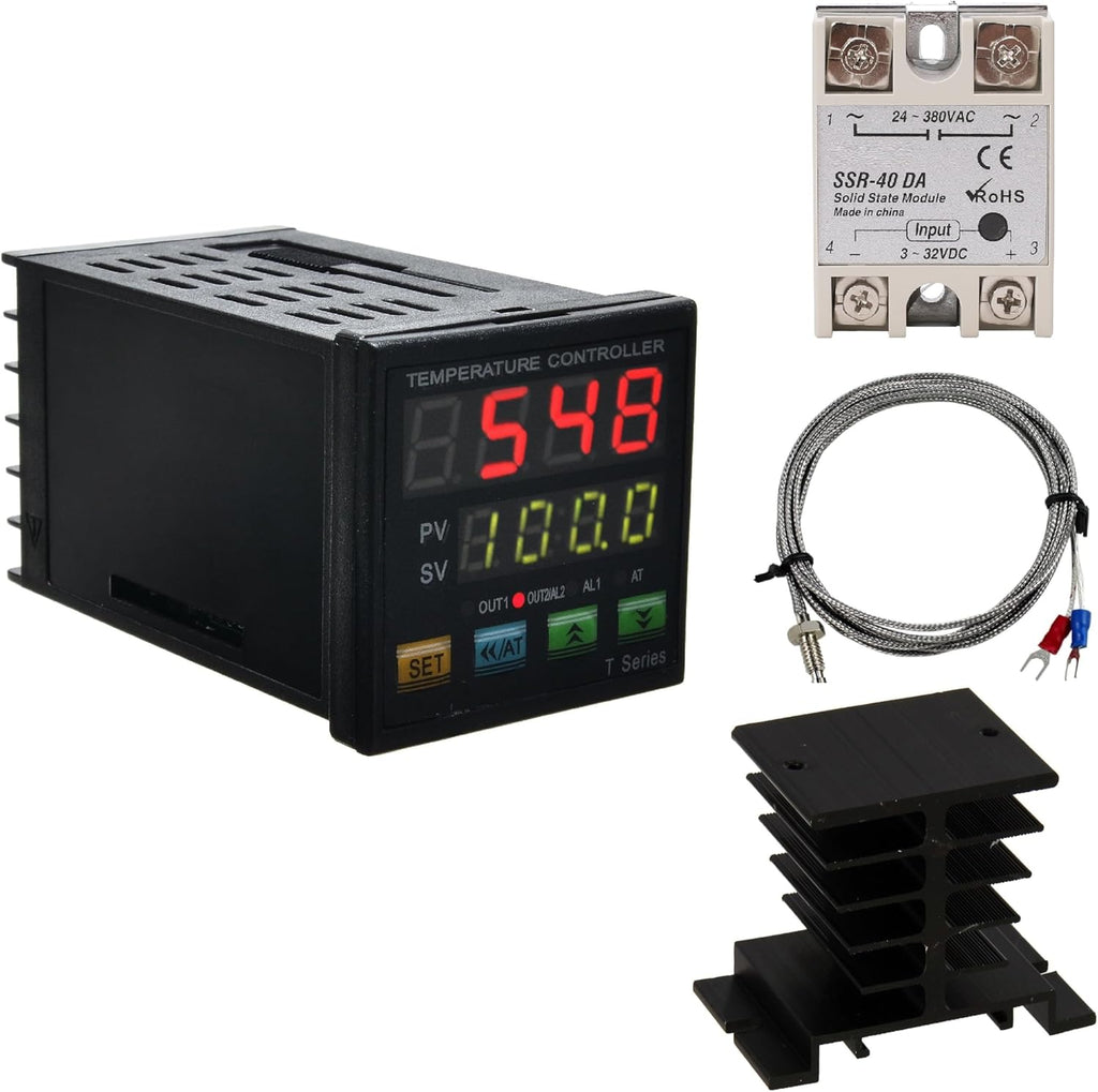 PID Temperature Controller Meter Indicator, Jaybva Digital Universal Thermostat C and Fahrenhe F Display SSR and Alarm Output 40A Solid State Relay and Thermocouple Probe Heat Sink Included