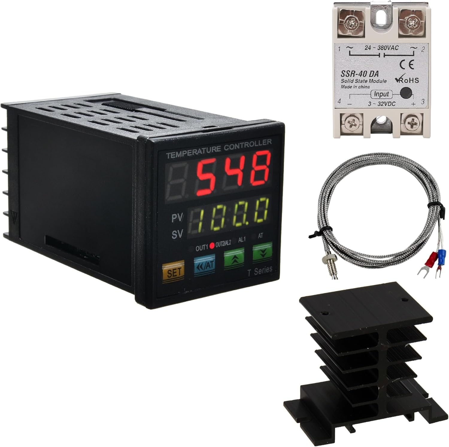 PID Temperature Controller Meter Indicator, Jaybva Digital Universal Thermostat C and Fahrenhe F Display SSR and Alarm Output 40A Solid State Relay and Thermocouple Probe Heat Sink Included