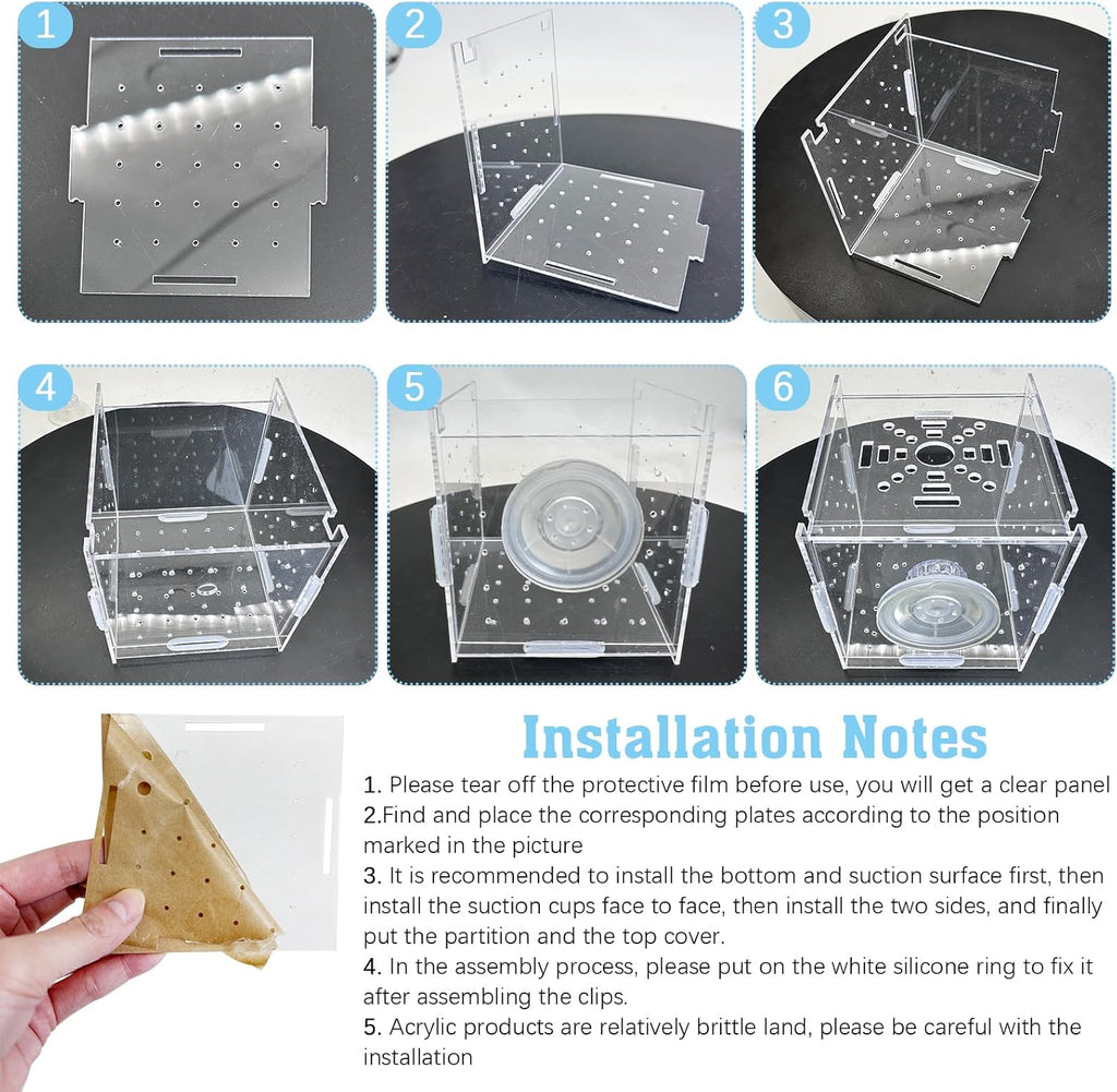 Hamiledyi Acrylic Breeding Isolation Box - Transparent Aquarium Hatchery for Guppy/Shrimp/Small Fish, Safe Nursery Tank with Air Tube & Suction Cups (3.9" × 3.9" × 3.9")