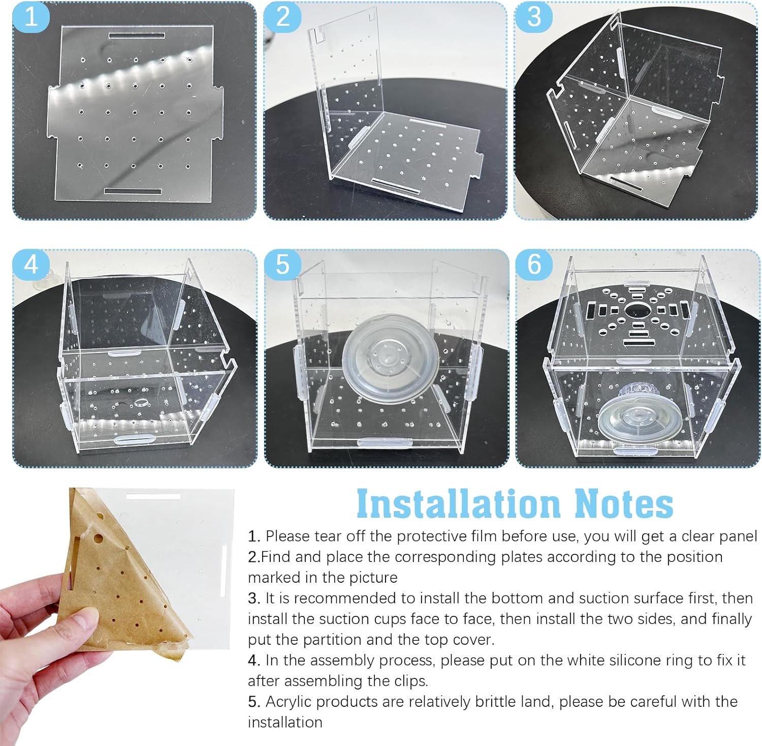 Hamiledyi Acrylic Breeding Isolation Box - Transparent Aquarium Hatchery for Guppy/Shrimp/Small Fish, Safe Nursery Tank with Air Tube & Suction Cups (3.9" × 3.9" × 3.9")