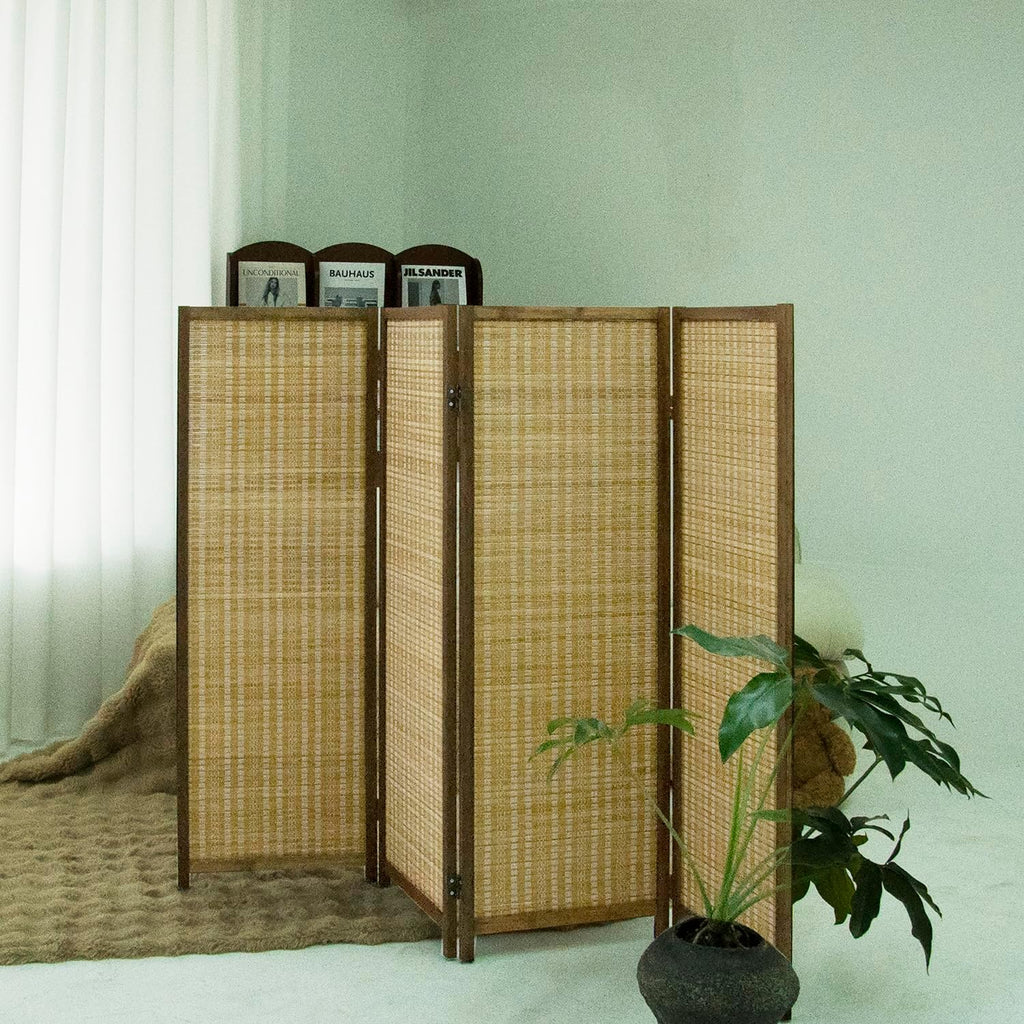 4 Panel Short Room Divider Folding Screen,47 inch Bamboo Panel Divider for Home Partition,Brown