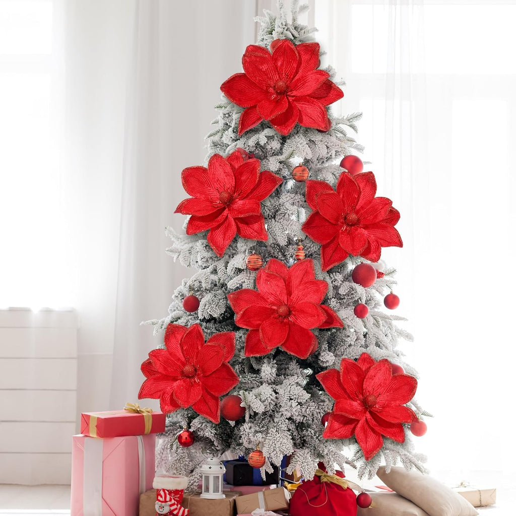 8 Pcs Large Christmas Flower Magnolia Flowers Christmas Tree Decoration Artificial Poinsettia Stems Velvet Xmas Ornaments for Xmas Tree Table Decor (Burgundy,16 Inch)