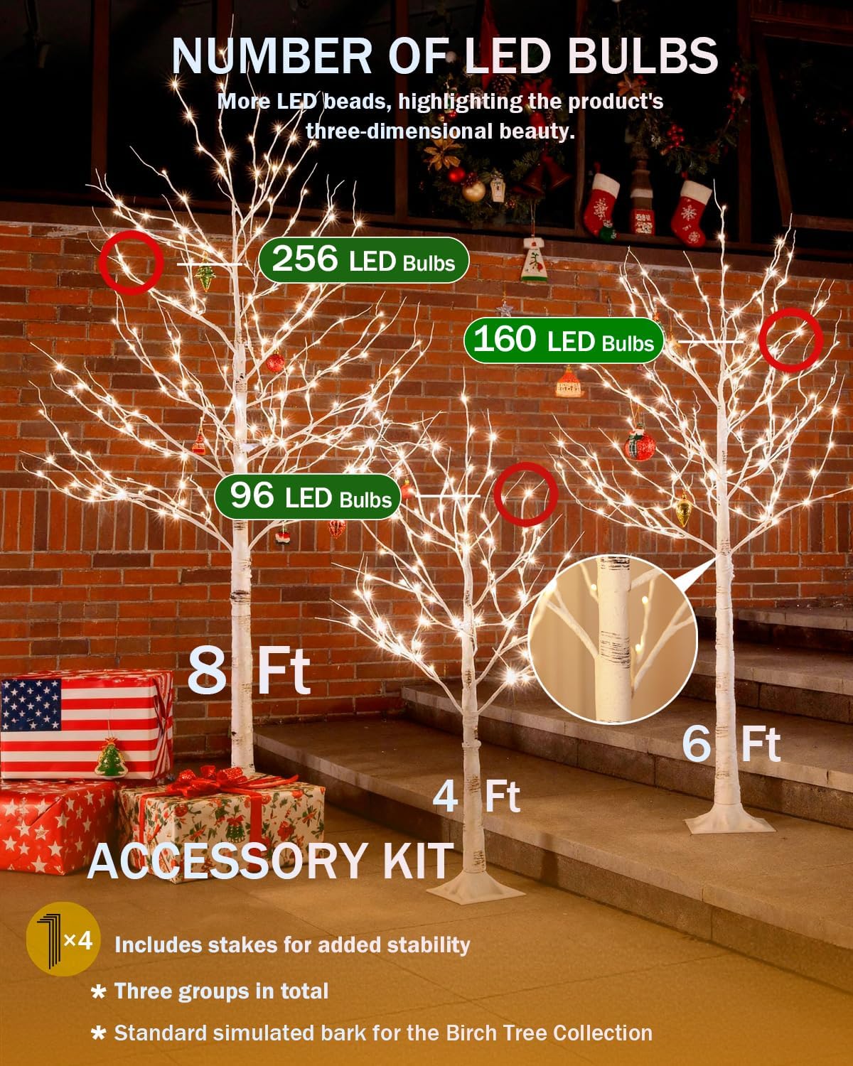 Lighted Birch Tree Set 6ft*2 with 320(160 * 2) Warm White LED Lights for Holiday Decor - Realistic Design, UL Certified, Dimmable, IP44 Waterproof - Ideal for Indoor and Outdoor Decoration