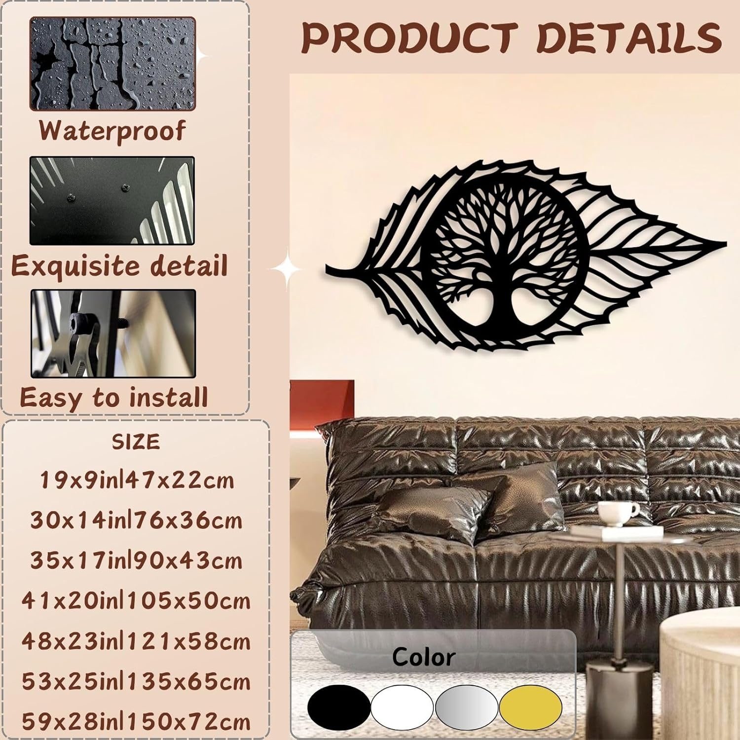 Hotuijxca Metal Leaf Wall Decor, Tree of Life Wall Art, Metal Leaf and Tree Wall Art for Living Room, Bedroom (Black, 48x23in|121x58cm, metal wall art)