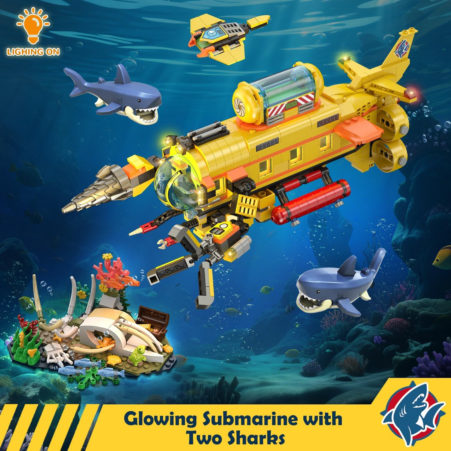 HOGOKIDS 3 Styles City Submarine Building Set with LED Light, Ocean Exploration Yellow Boat Sub Toy with 2 Sharks, Whale Skeleton and Ray Drone, Christmas Birthday Gift for Kids Boys Girls 8-14+