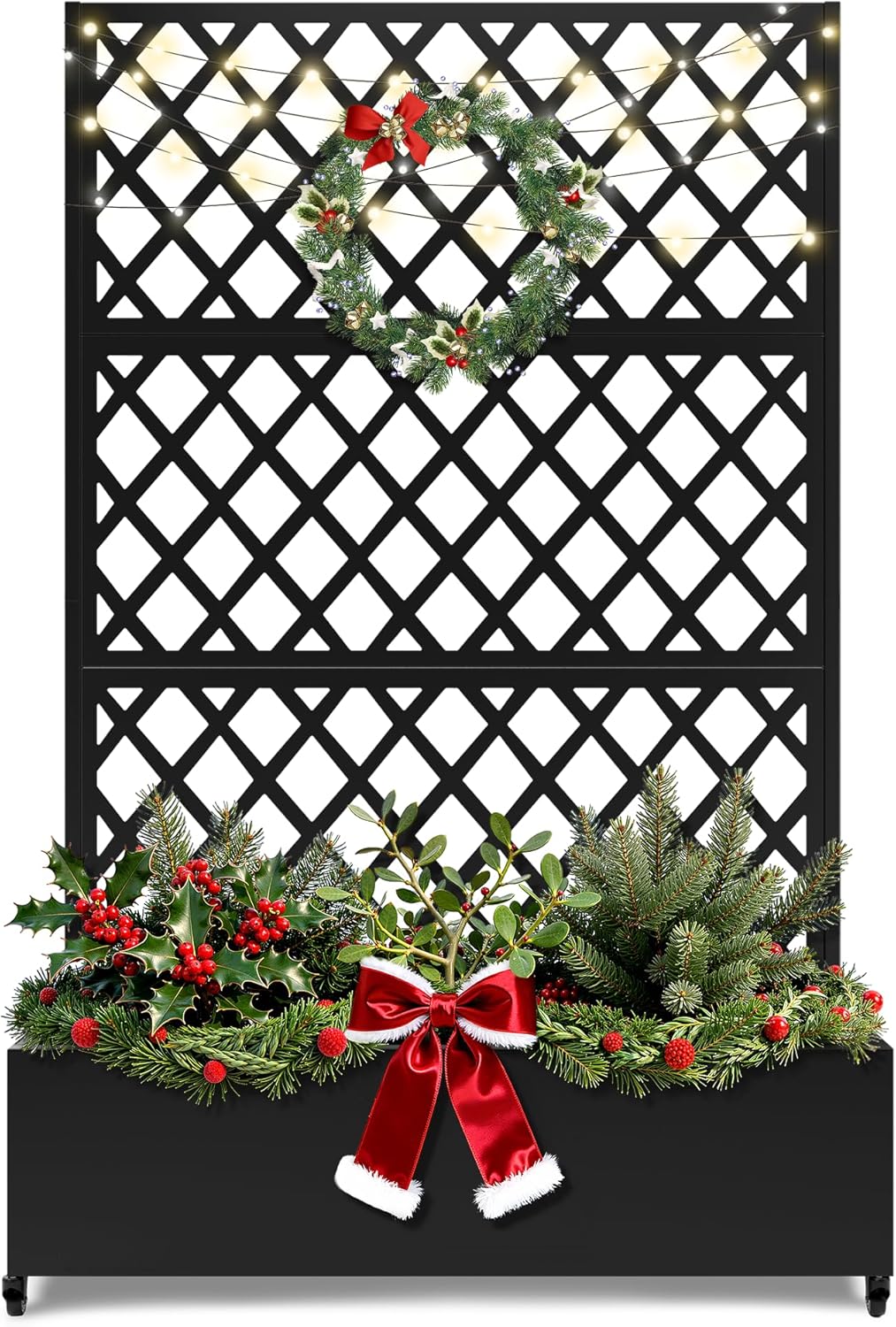 FENCY Metal Planter Box with Diamond Lattice Trellis Planter Box for Climbing Plants/Vines, Galvanized Raised Garden Bed On Wheels, Garden Bed with Trellis(73"x47" Black)