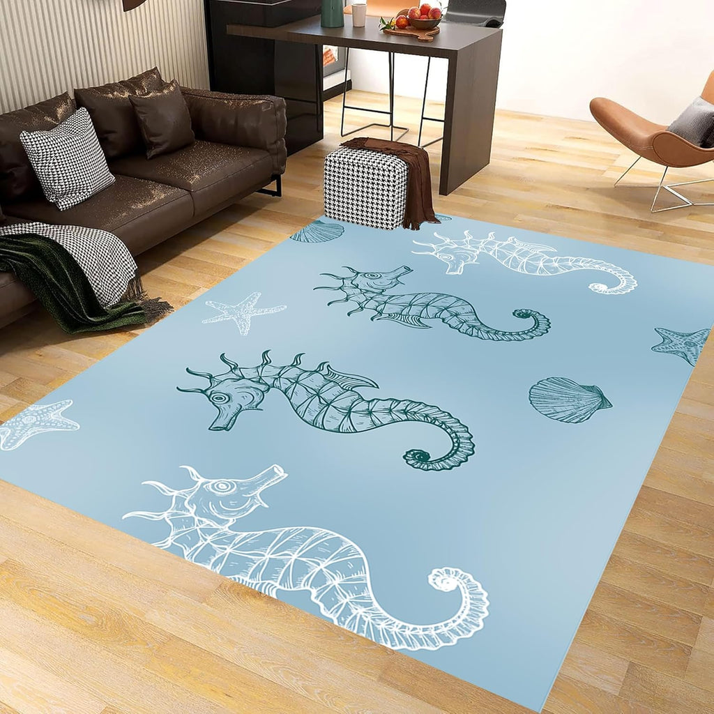 Seahorse Starfish Area Rugs, 4x5ft, Coastal Marine Animal Shell Nautical Rug for Bedroom, Pet Friendly Absorbent Carpet, Floor Decor Dirty Resistant Durable Mat for Bath Room Girls Boys