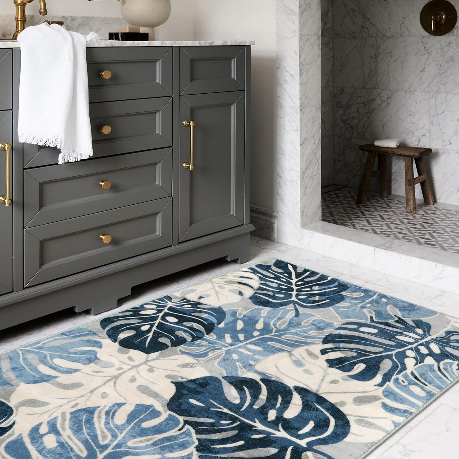 Wonnitar Tropical Washable 3x5 Entry Rug, Leaf Blue Small Rugs for Bedroom, Botanical Non-Slip Living Room Carpet Low Pile Indoor Floor Carpet for Mud Room Dining Table Doorway