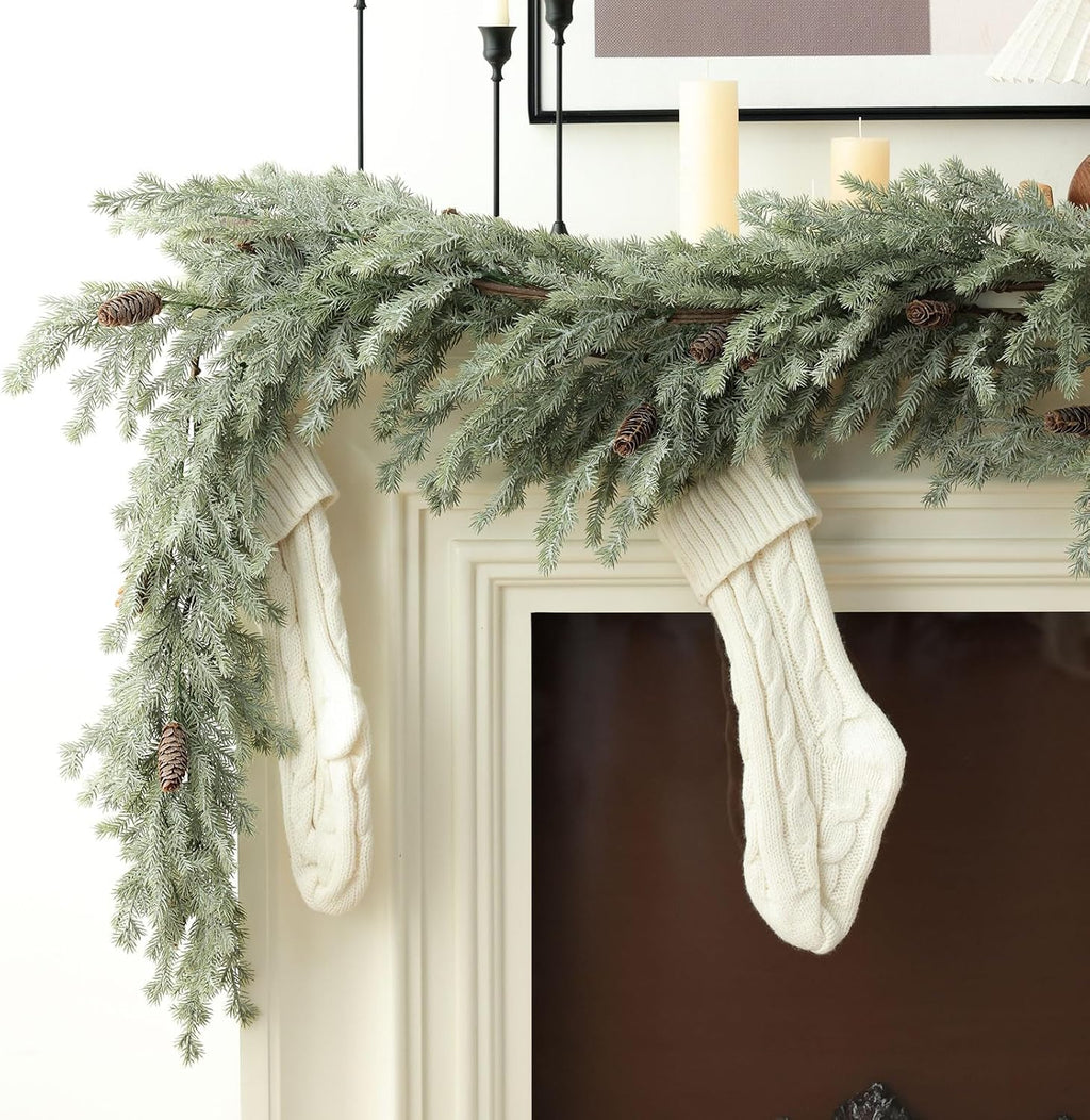 MIZII Christmas Garlands 6 Feet Artificial Pine Garland with Pinecone Real Touch Pines Vine Greenery Garland Christmas Decorations for Xmas Fireplace Mantle Home Decor Indoor Outdoor (White Pine)