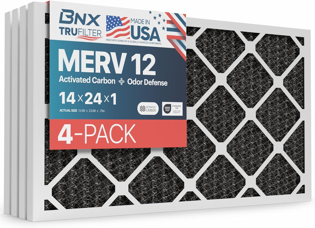 BNX TruFilter 14x24x1 MERV 12 Odor Defense (4-Pack) AC Furnace Air Filter with Activated Carbon - MADE IN USA - Pleated Air Conditioner HVAC AC Furnace Filters - Removes Odor, Mold, Bacteria, Smoke