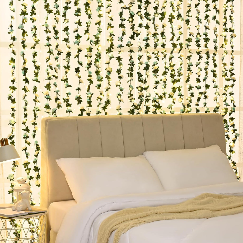 BLEUM CADE 5Pcs 41Ft Flower Garland Artificial Rose Vines with 32.8Ft String Lights, Cute Fake Hanging Flower Vines Floral Garland Decorations for Wedding Party Wall Room Decor Aesthetic