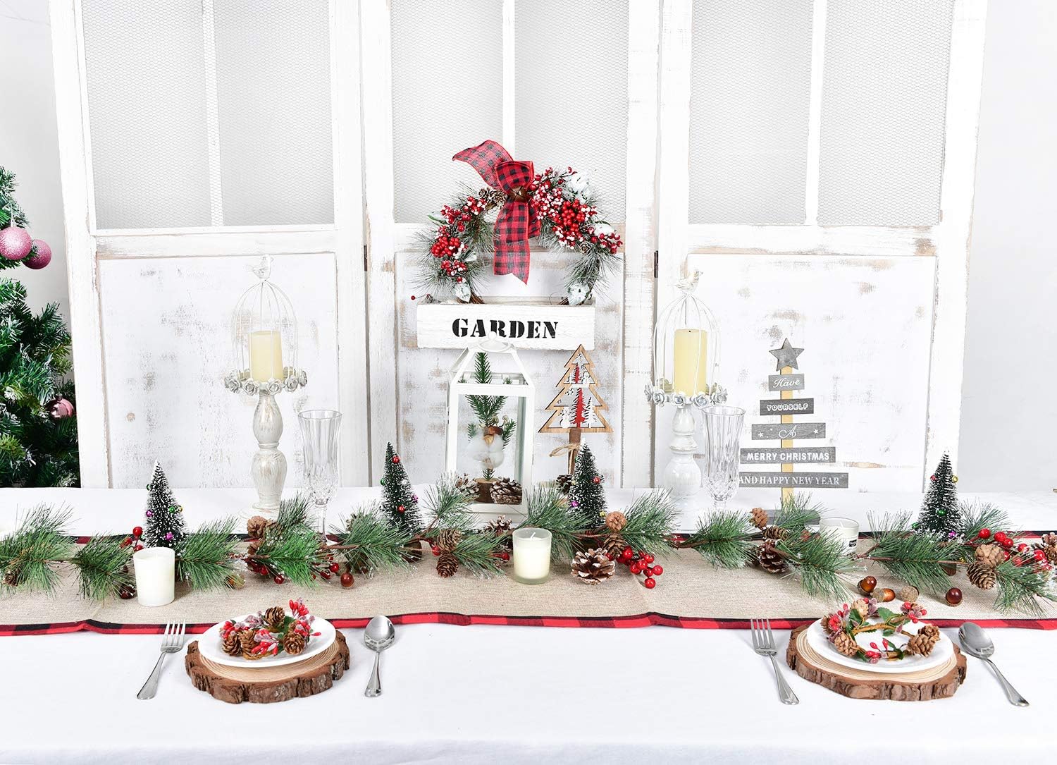 6 feet Christmas Pine Garland with Needles Berries Frosted Pinecones Winter Artificial Greenery Garland for Holiday Season Mantel Fireplace Table Runner Centerpiece Decoration