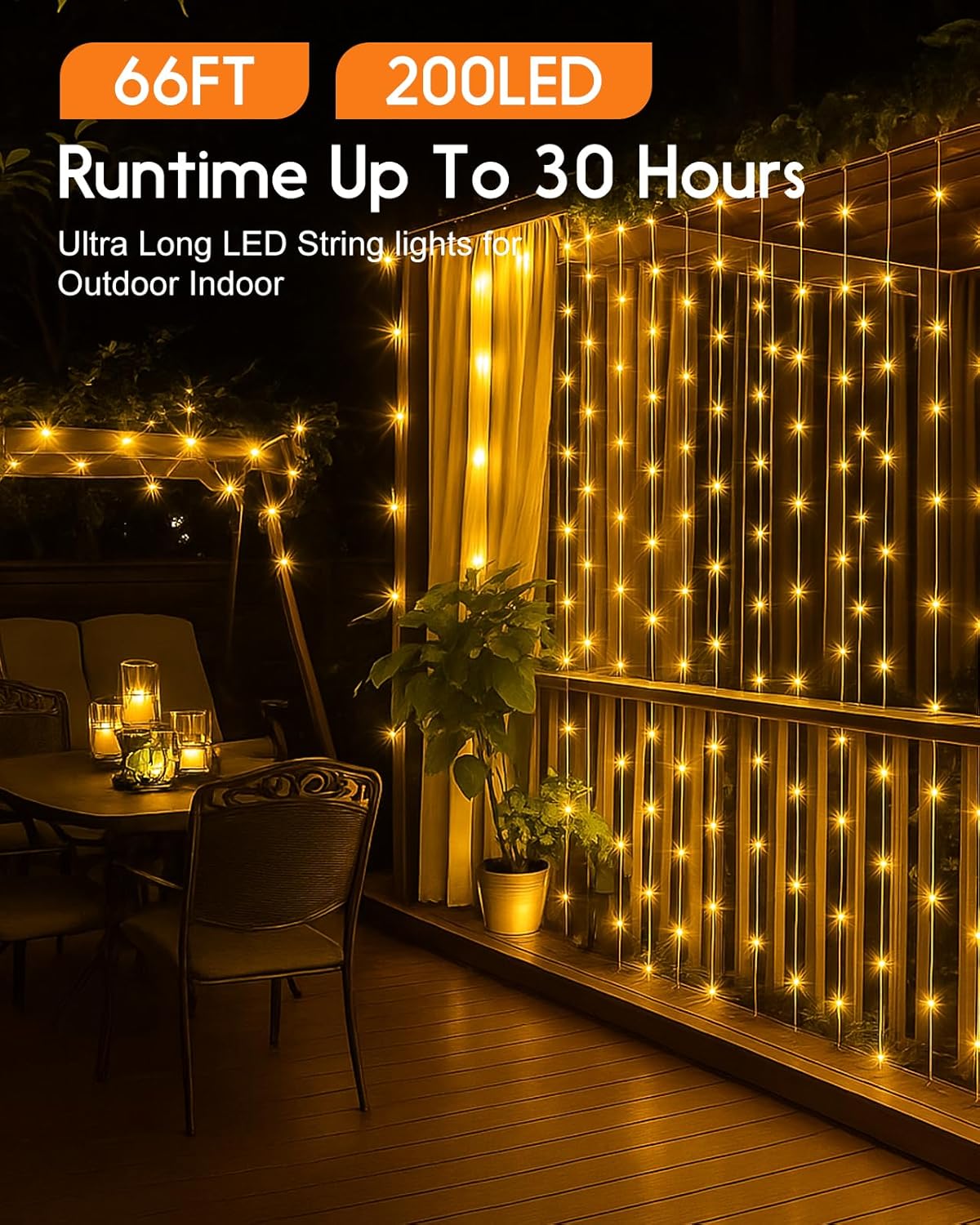 Anpro Outdoor String Lights Indoor: 66FT 200 LED Rechargeable String Lights for Outside, Quick Reel-in, Waterproof Camping Lights, 3 Timer 8 Modes, Christmas Twinkle Lights Decor for Yard, Patio