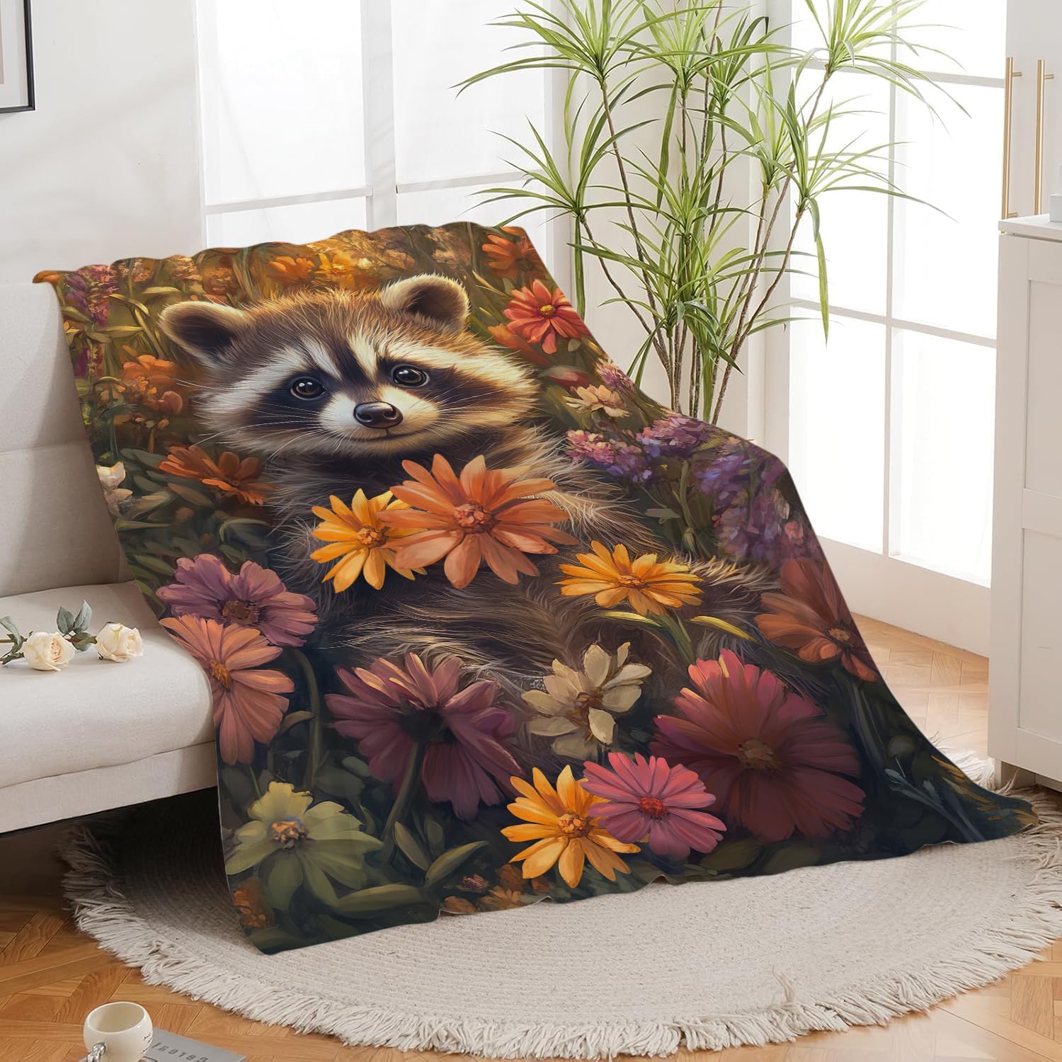 Raccoon Blanket Cute Cartoon Raccoon Throw Blanket Gifts for Girls Women Kids Boys Adults Men Super Soft Cozy Plush Fluffy Fuzzy Fleece Blanket Home Decor 60''X80''