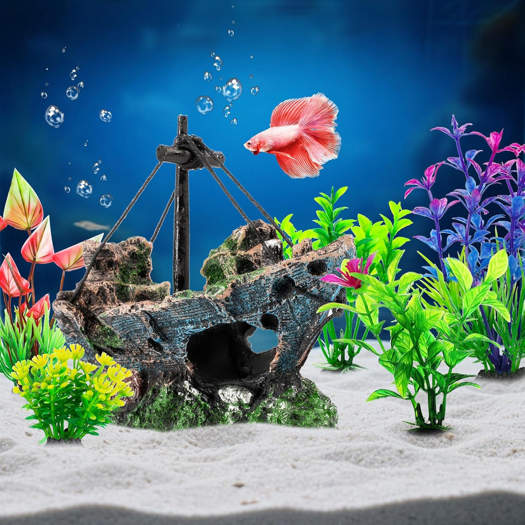 Fish Tank Decorations Set Sunken Ship Decoration,Resin Material Fish Tank Plants Accessories for Natural Look, Aquarium Shipwreck x 1pc, Aquatic Plants x 5pcs