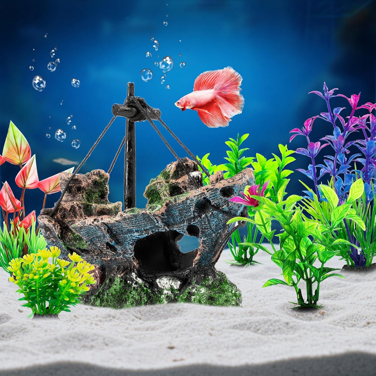 Fish Tank Decorations Set Sunken Ship Decoration,Resin Material Fish Tank Plants Accessories for Natural Look, Aquarium Shipwreck x 1pc, Aquatic Plants x 5pcs