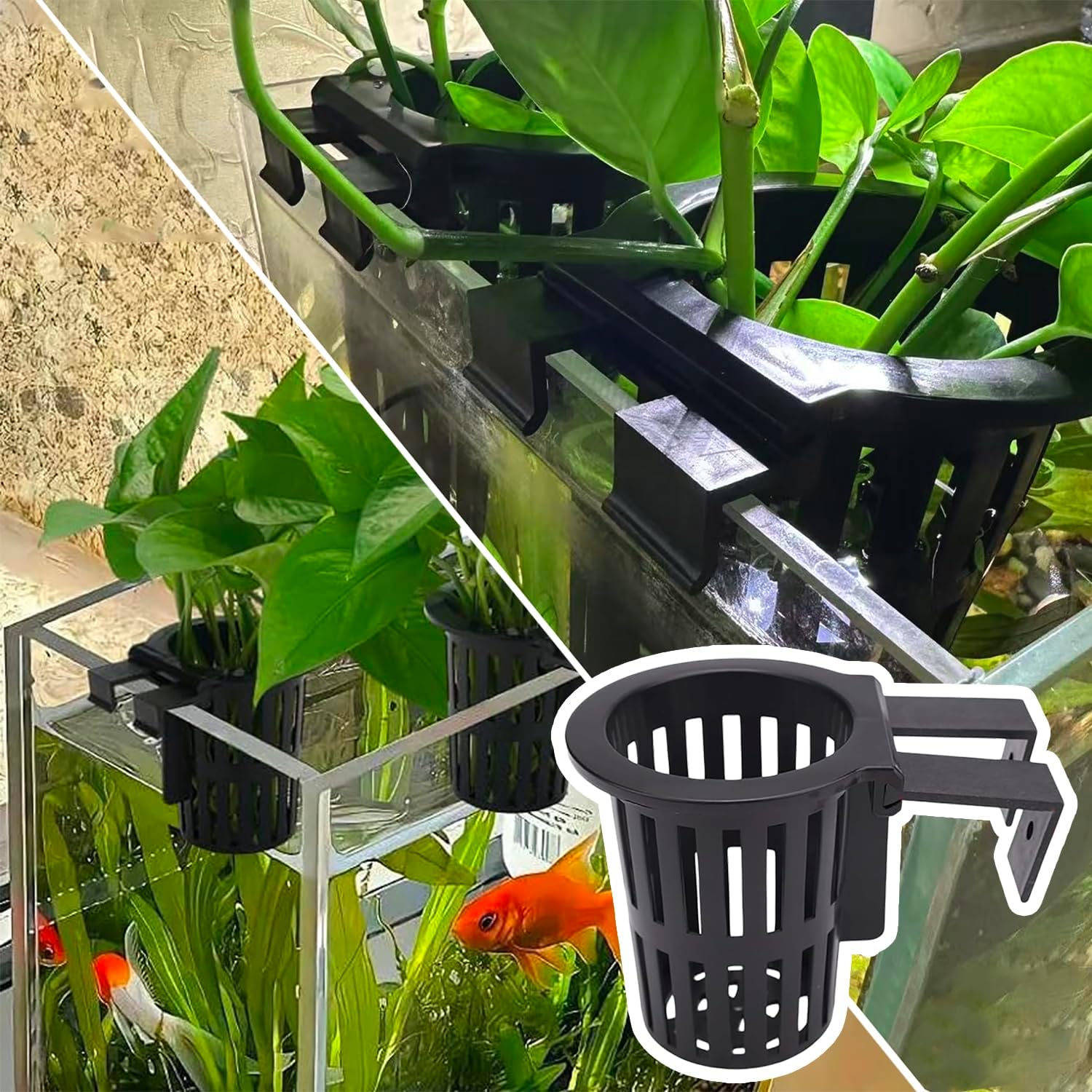 Upgraded Large Aquarium Plant Holder with Extension Hooks and Suction Cups, Aquatic Plants Cup for Tank for Fish Tank Aquaponic Plant Cultivation and Aquascape Accessories (Black-2PC)