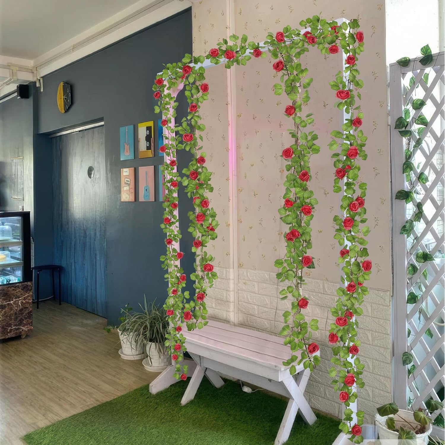 Artificial Roses Vines Flowers Garland Hanging Silk Rose Vine Floral Garland Red UV Resistant Realistic Faux Hanging Flowers Plants Fake Ivy Vines for Outdoor Porch Outside Decor Patio Yard