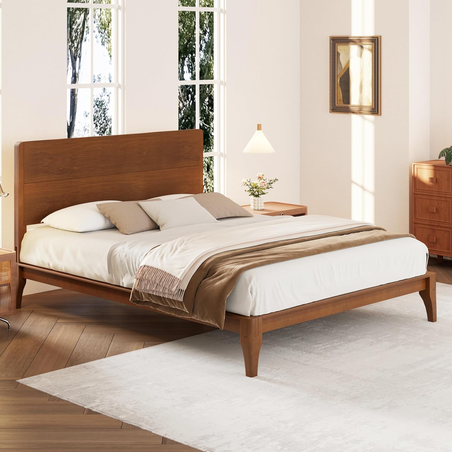 Merax Mid Century Full Size Bed Frame with Headboard, Bamboo Wood Platform Bed with Wood Slat, Heavy Duty Steel Center Beam for Support, Under Bed Storage, No Box Spring Needed, Brown