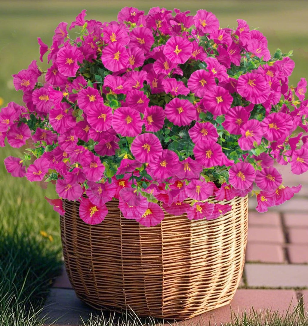 Ouddy Decor 24 Bundles Artificial Flowers for Outdoors Decoration Fake Silk Morning Glory Flowers Faux Eucalyptus Plants UV Resistant for Porch Patio Garden Spring Summer Home Decor, Fuchsia