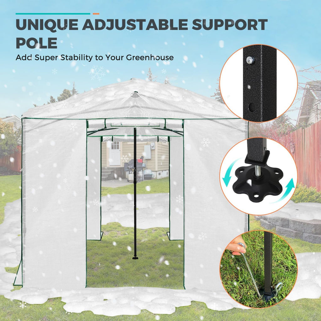 EAGLE PEAK Instant Pop-up Greenhouse, Indoor Outdoor Plant Gardening Green House, Roll-Up Zipper Doors & Side Windows - Winter Support Pole, Walk in 12x8 ft, White/Clear
