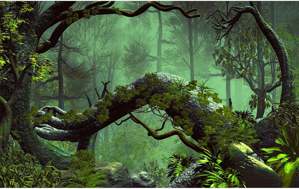 Forest Aquarium Background Jungle Plants Lush Green Trees Reptile Habitat Background Foggy Rainforest Natural Landscape Fish Tank Background Misty Rainforest Terrarium Background Vinyl 48x24in