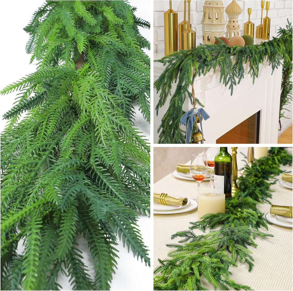 Jutom 4 Pcs 15 Feet Christmas Norfolk Pine Garland Realistic Artificial Faux Greenery Cedar Garland for Mantle Holiday Indoor Outdoor Fireplace Winter Christmas Decorations