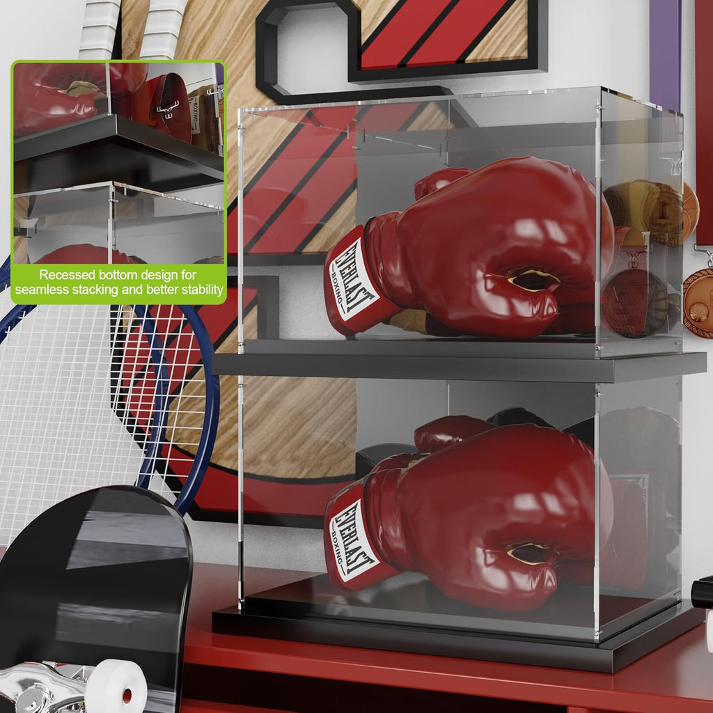 Putros Boxing Glove Display Case with Mirror and Black Metal Grooved Base Clear Acrylic Display Case Full Size Holder Showcase for Baseball Mitt