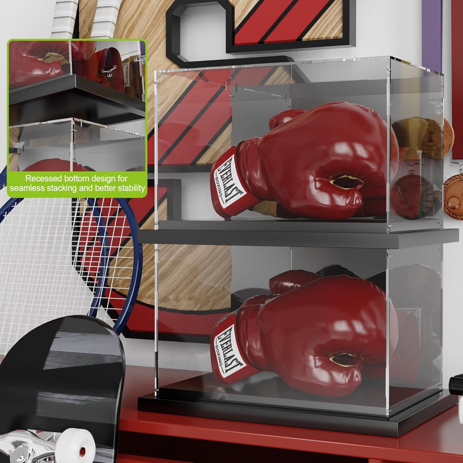 Putros Boxing Glove Display Case with Mirror and Black Metal Grooved Base Clear Acrylic Display Case Full Size Holder Showcase for Baseball Mitt