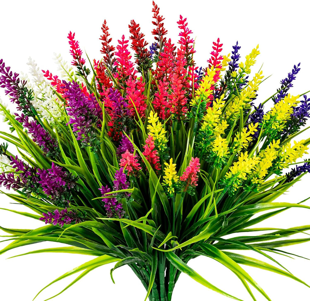 Artificial Flowers for Outdoor Plants 24 Bundles Fake Lavender Plastic Faux Monkey Grass for Verandah Window Garden Office Patio Front Porch UV Resistant for Planter(6 Color)