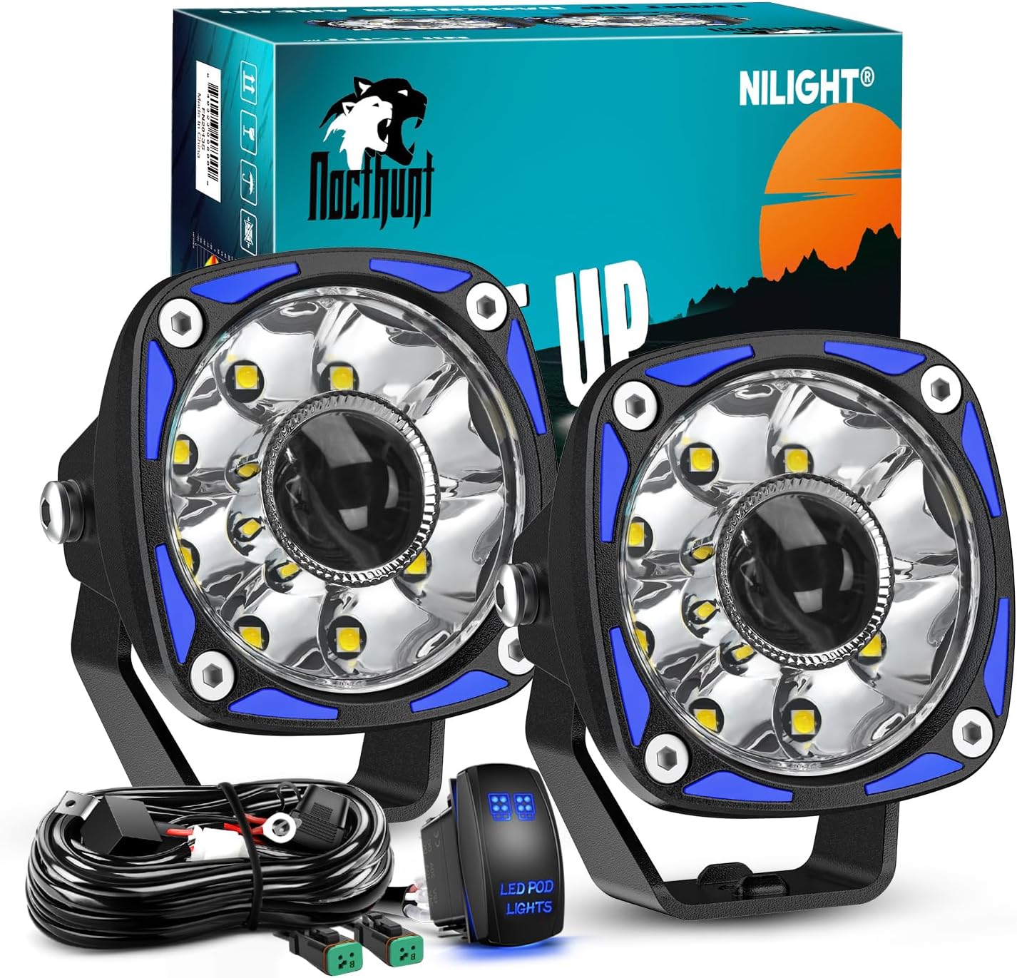 Nilight LED Light Pods 2 PCS 3 Inch 9LED Round Offroad Driving Night Vision Spotlights Auxiliary Ditch Lights w/18AWG Rocker Switch Wiring Harness Kit for Truck ATV UTV