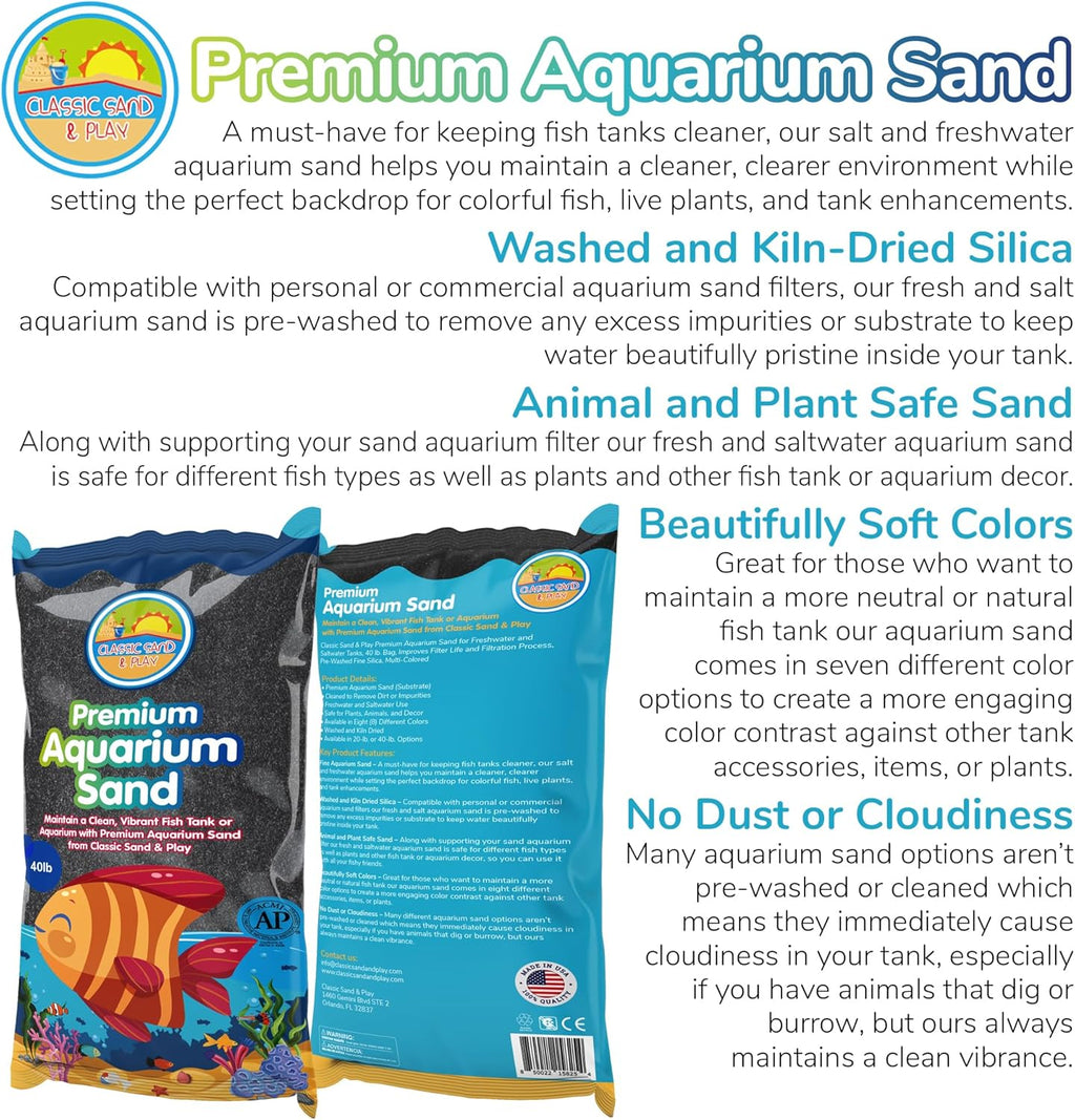 CLASSIC SAND & PLAY Natural Aquarium Sand for Freshwater and Saltwater Tanks, 40 lb. Bag, Improves Filter Life and Filtration Process, Pre-Washed Fine Sand, Black