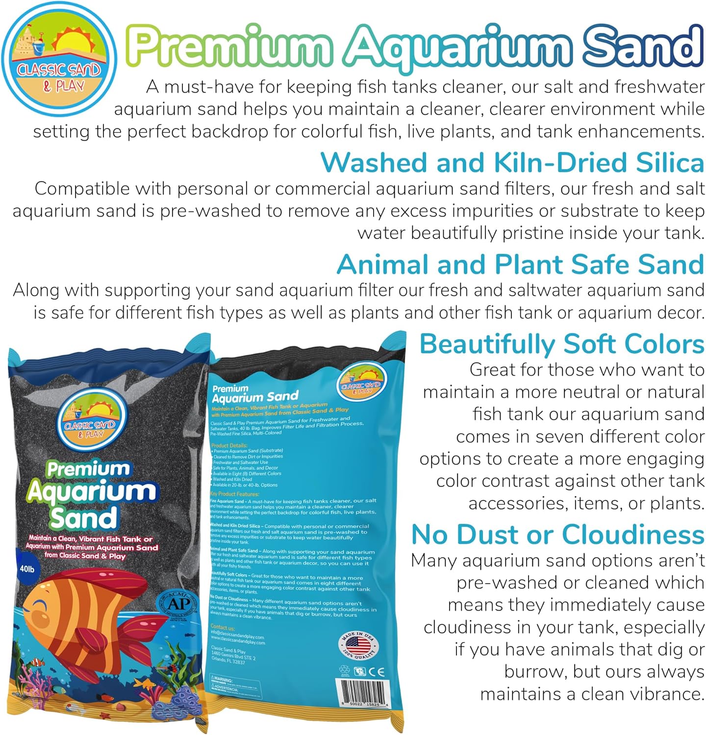 CLASSIC SAND & PLAY Natural Aquarium Sand for Freshwater and Saltwater Tanks, 40 lb. Bag, Improves Filter Life and Filtration Process, Pre-Washed Fine Sand, Black
