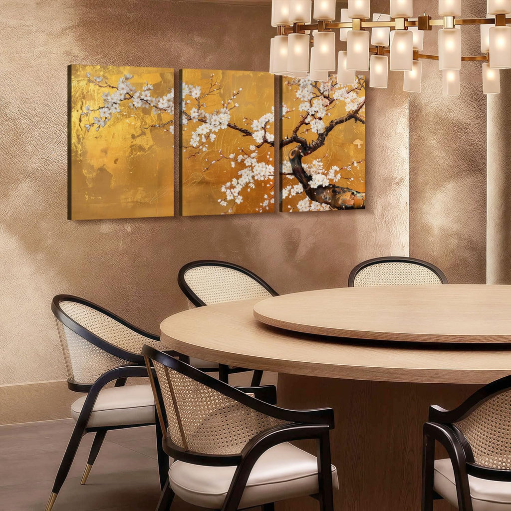 3 Pcs Framed Japanese Golden Plum Blossom Flower Wall Art Decor Canvas Print Picture Traditional Woodblock Print Style Farmhouse Poster Gallery Bedroom Living Room Office 12x16 Inch Ready to Hang