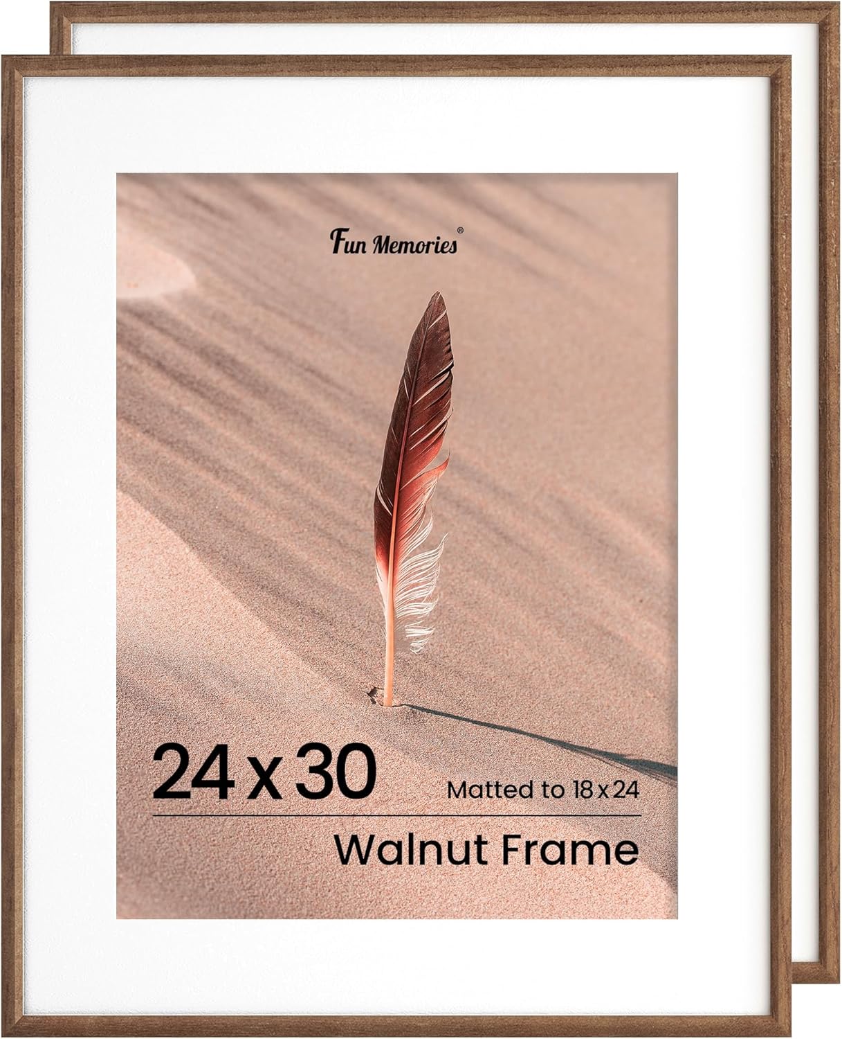 Fun Memories 24x30 Poster Frame, Solid Oak Wood Picture Frames, Modern Photo Frame for Wall 24x30 with 18x24 Mat, High Definition Plexiglass & Wall Hook Included (Walnut, 2 Pack)