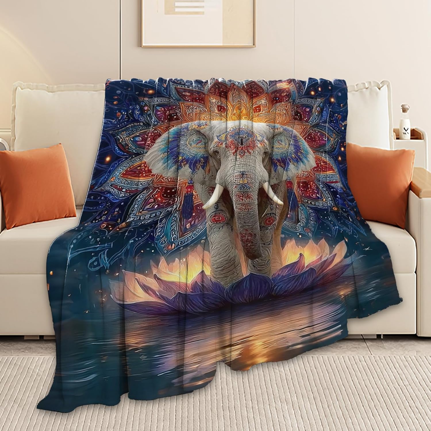 Elephant Throw Blanket Mandala Elephant Stuff Gifts for Kids Girls Boys Adults Women Men Soft Cozy Warm Plush Fluffy Fuzzy Fleece Blanket Decor 50''X60''