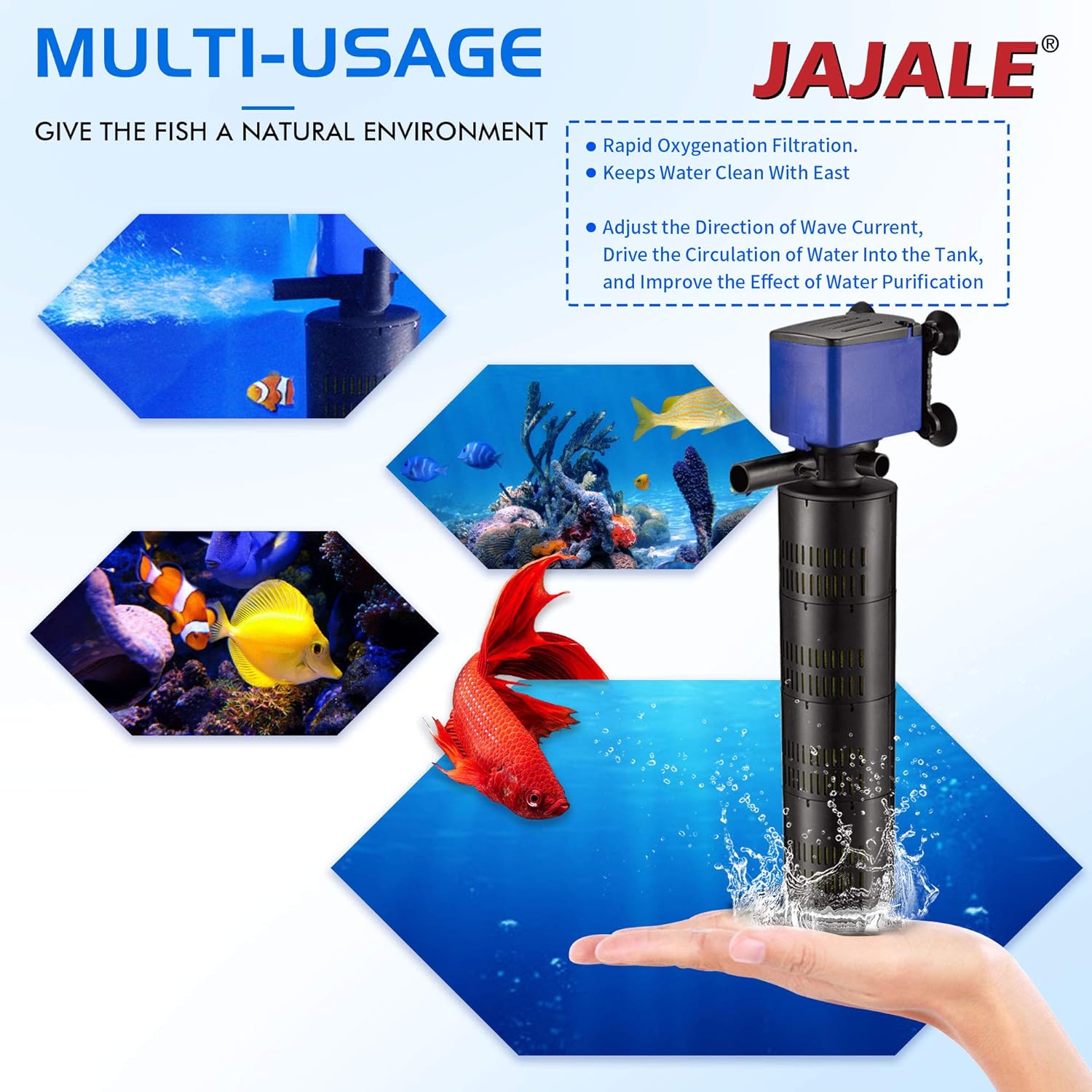 660 GPH Internal Filter Submersible Pump - 3 in 1 Aquarium Fish Tank Pump with Oxygenation, Filtration & Water Cycling, 6.6 ft max lift, 35W - 3 Pack