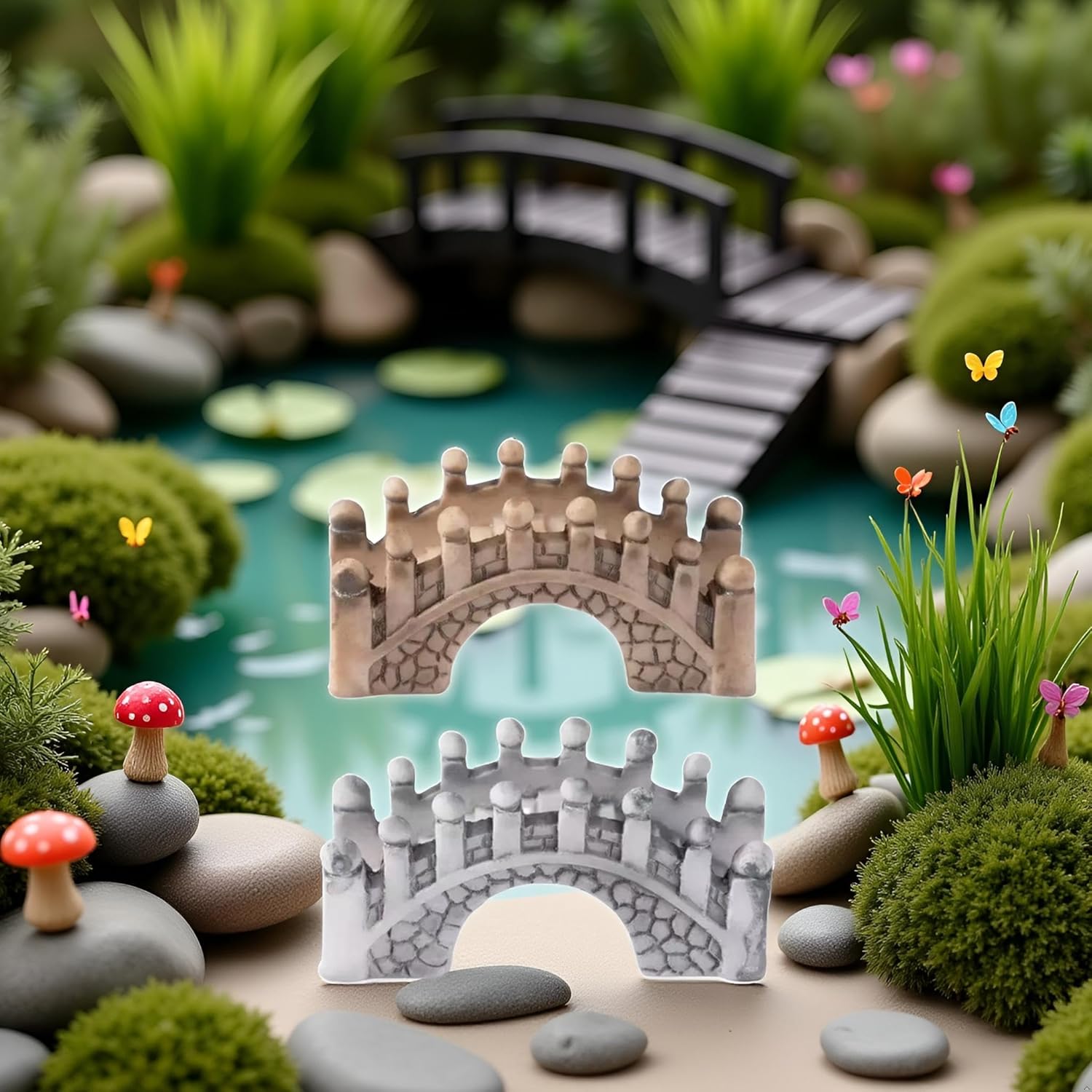2 Pack Gray and Brown Miniature Stone Arch Bridges, Fairy Garden Ornaments for Dollhouse, Aquarium and DIY Micro Landscape Decor, Garden Bridges